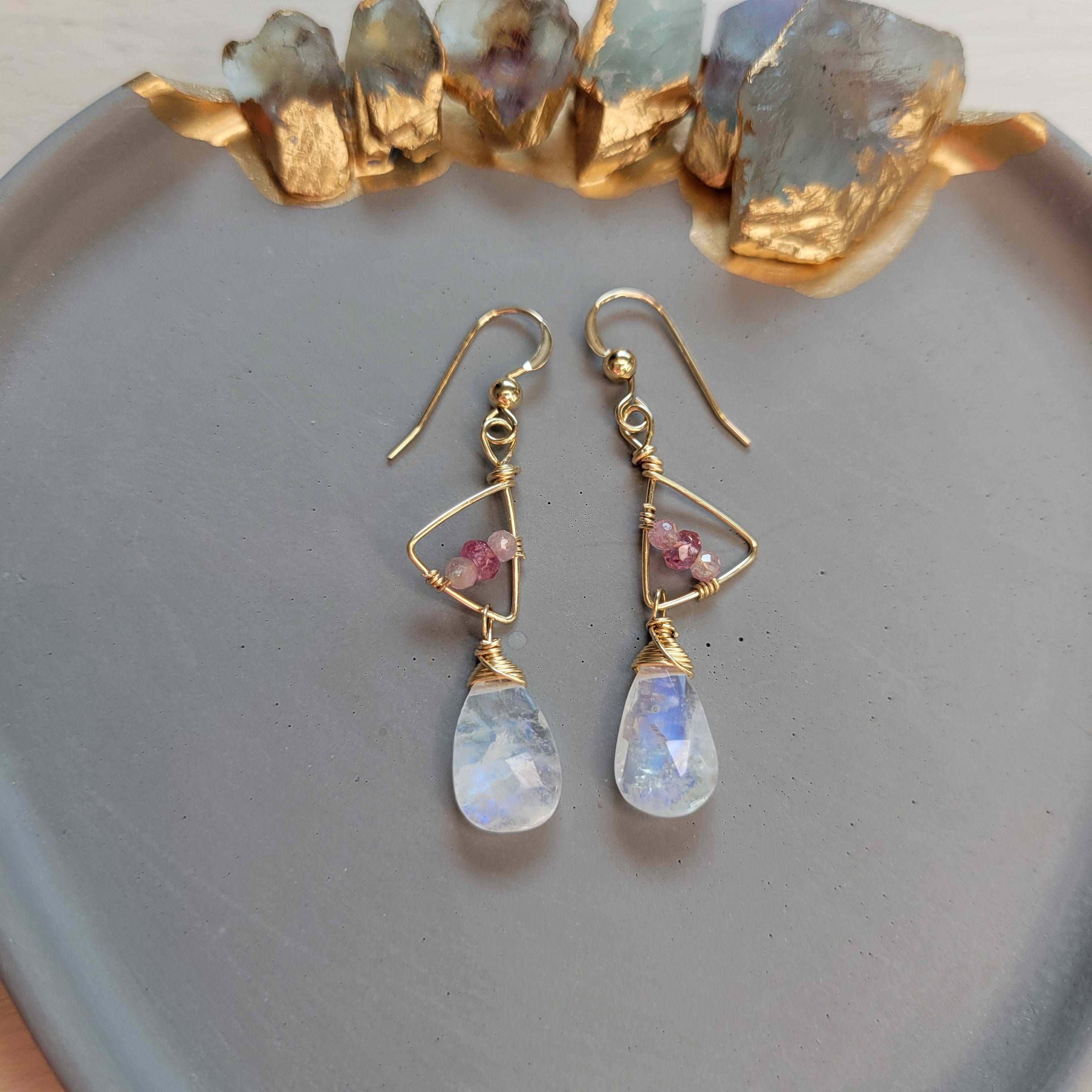 Handcrafted Hammered 14k Gold-Filled, Shaded Pink Tourmaline, & Rainbow Moonstone Earrings