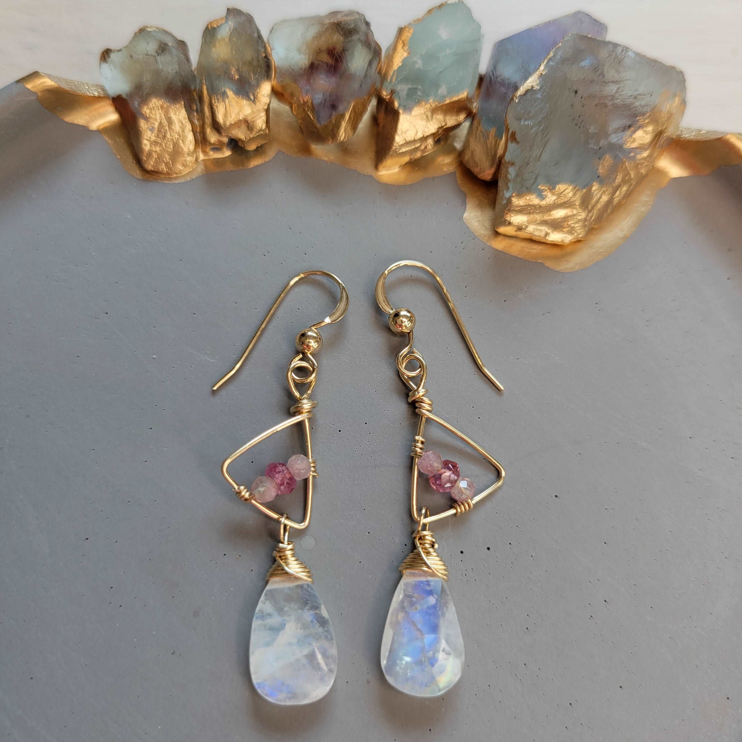Handcrafted Hammered 14k Gold-Filled, Shaded Pink Tourmaline, & Rainbow Moonstone Earrings