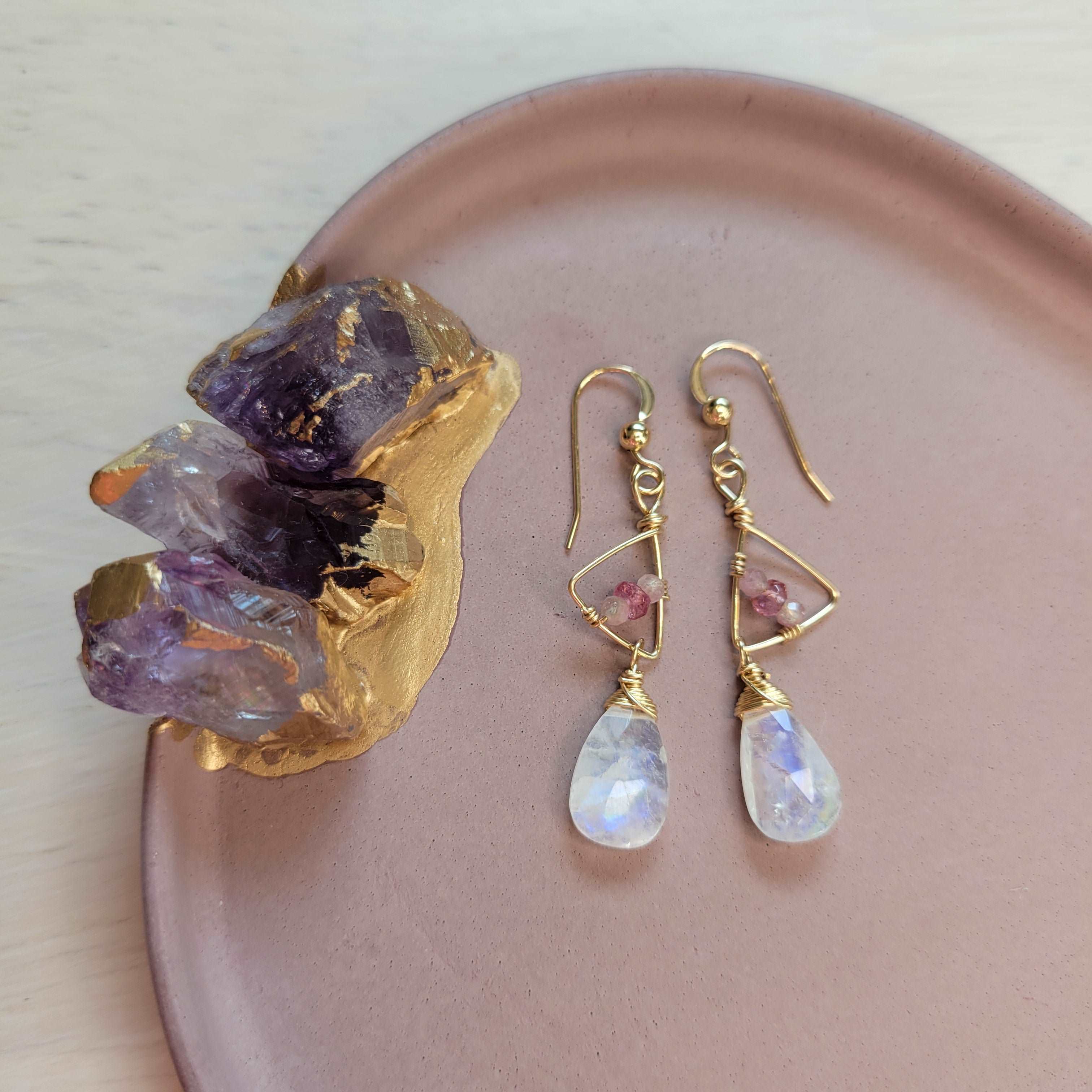 Handcrafted Hammered 14k Gold-Filled, Shaded Pink Tourmaline, & Rainbow Moonstone Earrings