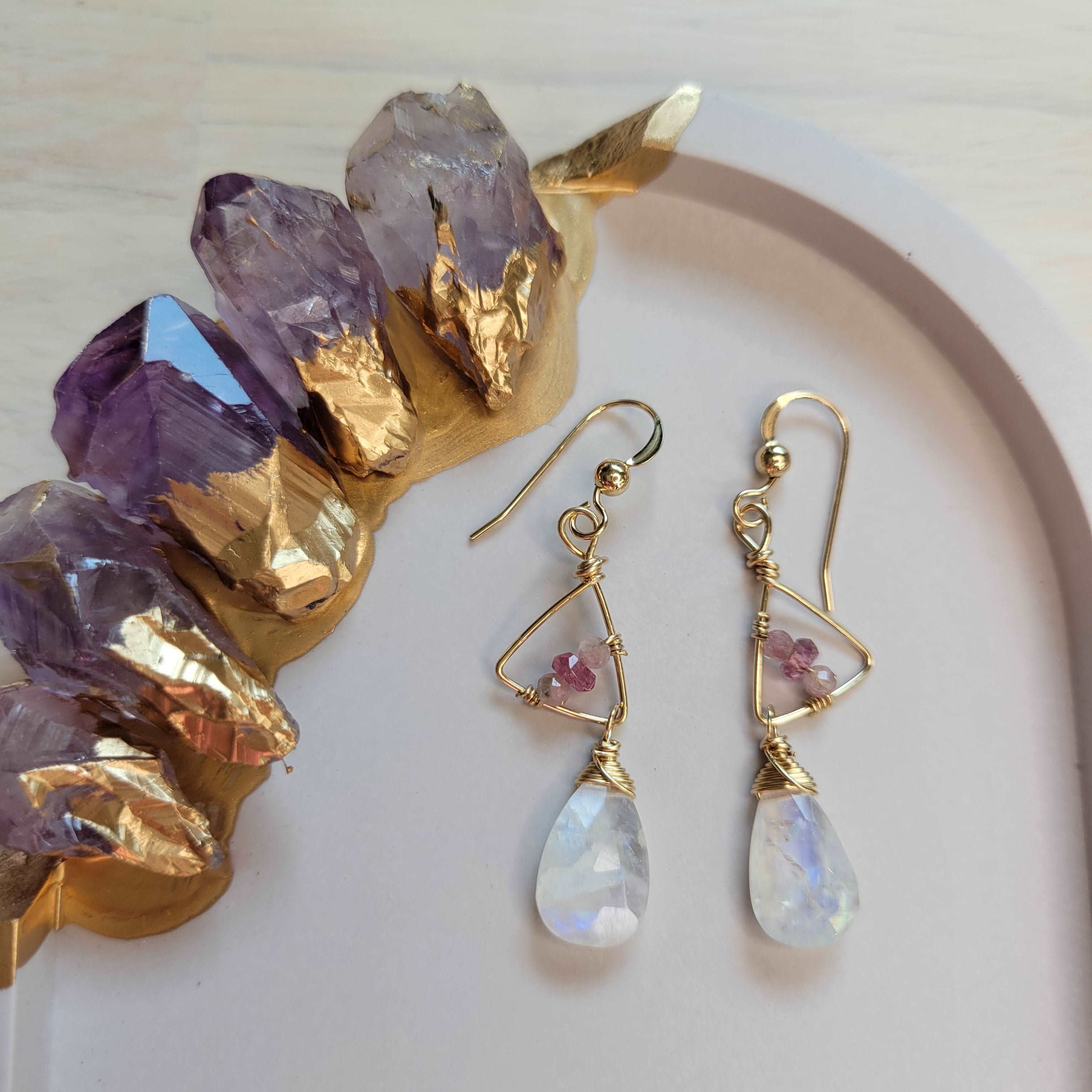 Handcrafted Hammered 14k Gold-Filled, Shaded Pink Tourmaline, & Rainbow Moonstone Earrings
