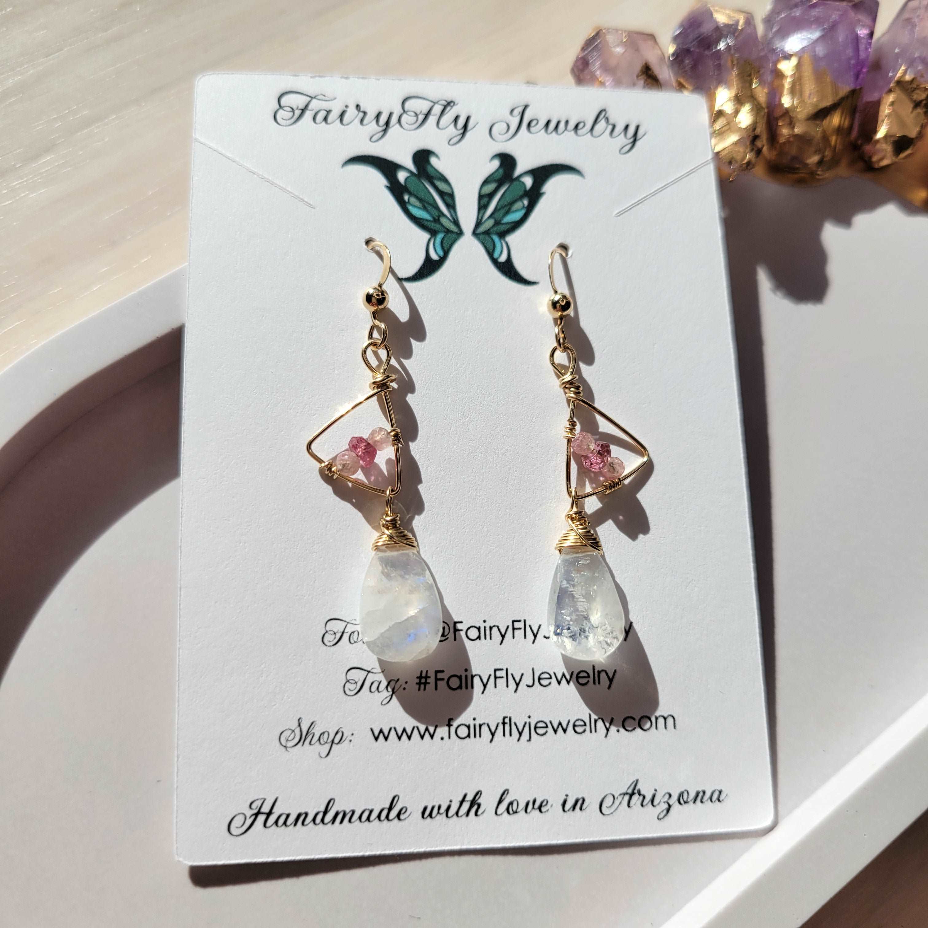 Handcrafted Hammered 14k Gold-Filled, Shaded Pink Tourmaline, & Rainbow Moonstone Earrings