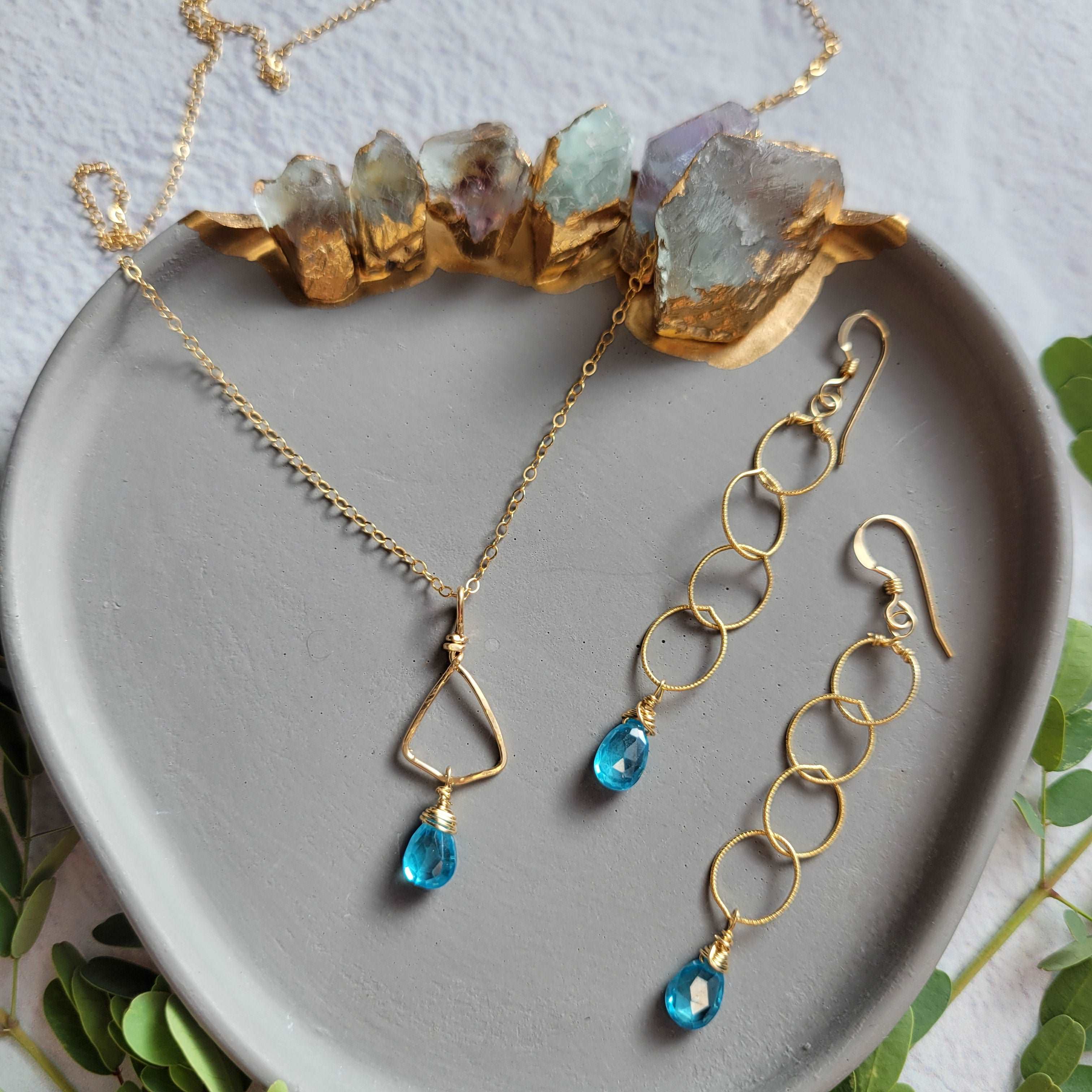 14k Hammered Gold-Filled Triangle Shield Blue Zircon 18" Necklace