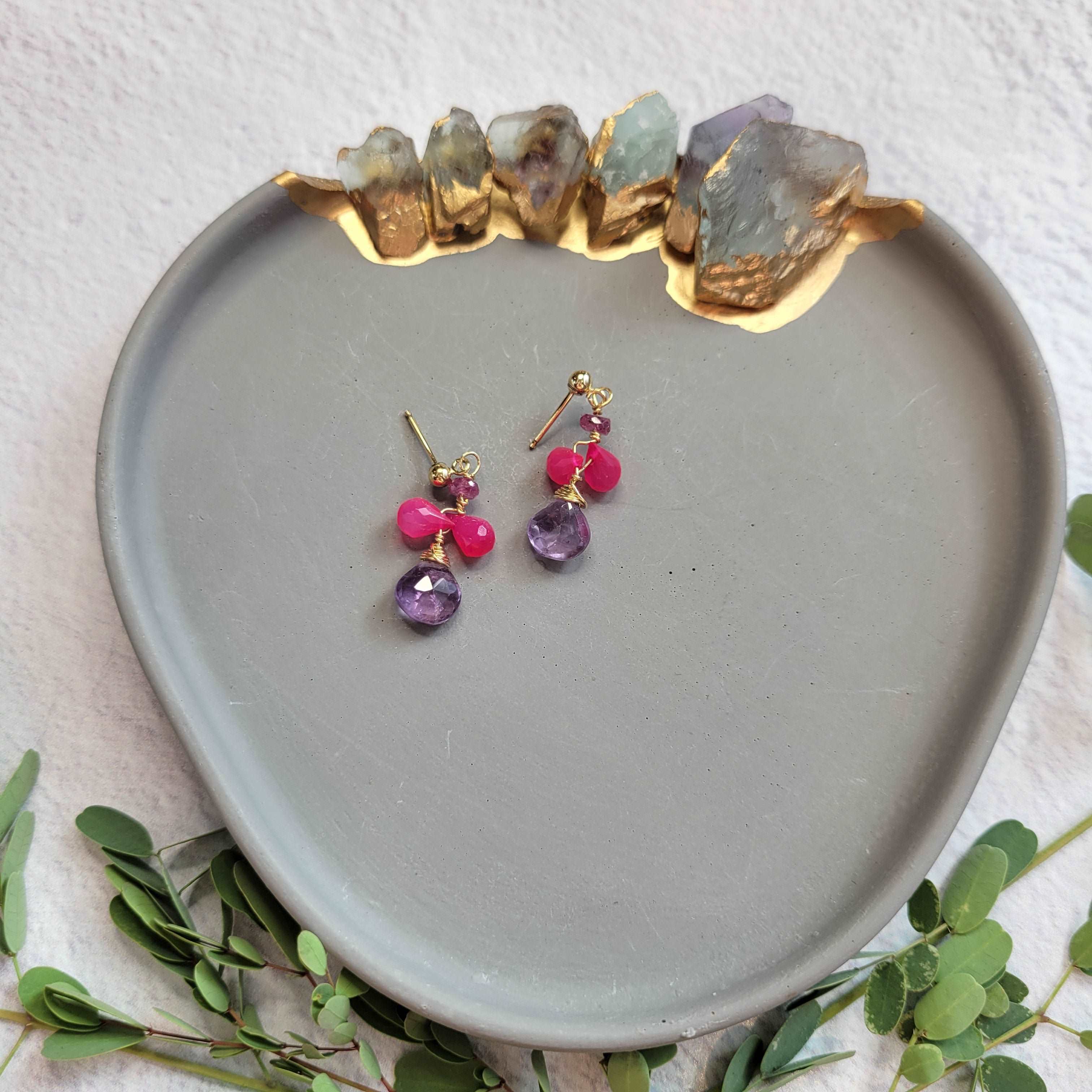 Dainty 14K Gold-Filled Pink Chalcedony, Pink Tourmaline & Amethyst Earrings