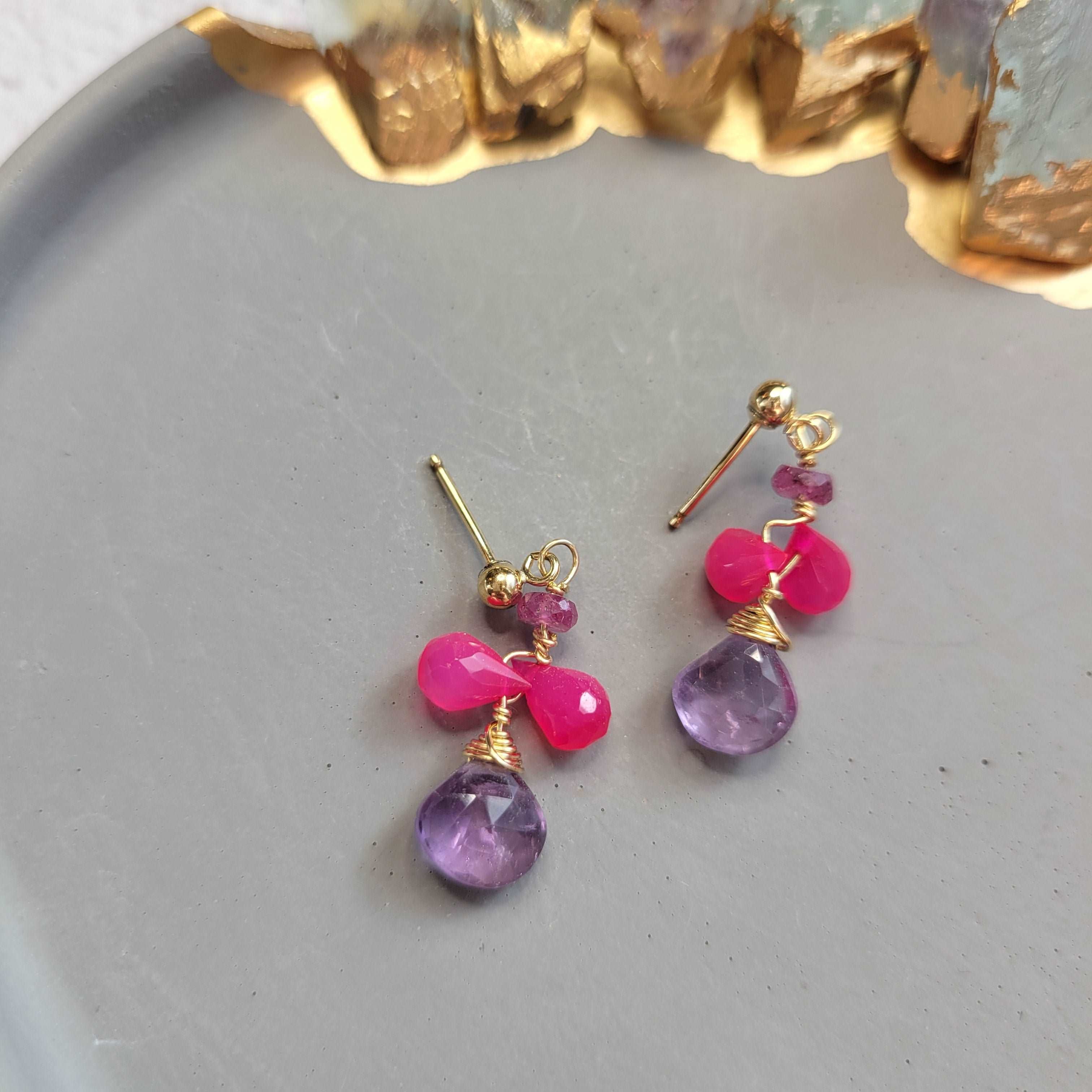 Dainty 14K Gold-Filled Pink Chalcedony, Pink Tourmaline & Amethyst Earrings