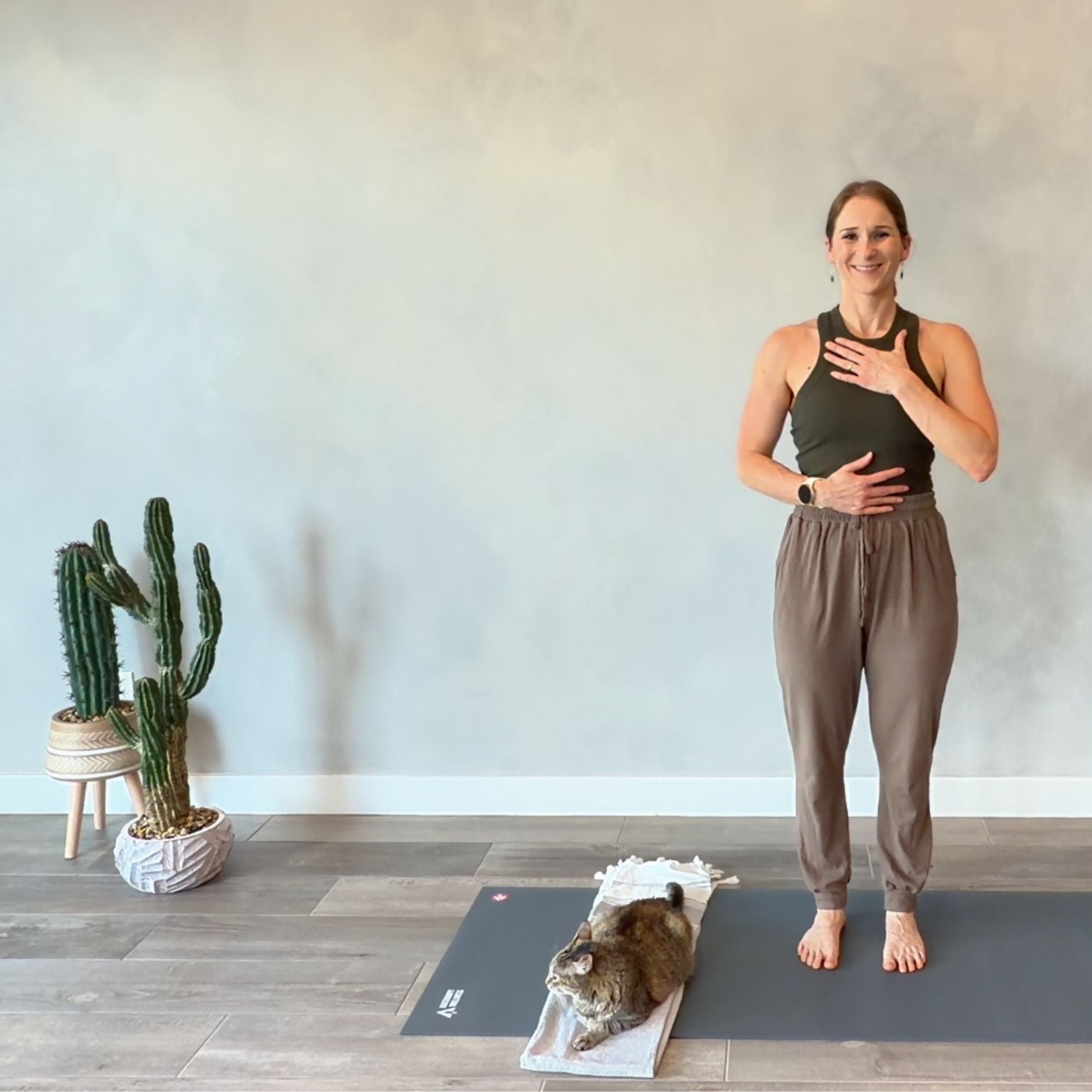 Woman in a yoga pose with a cat on a mat in a room with a cactus plant.