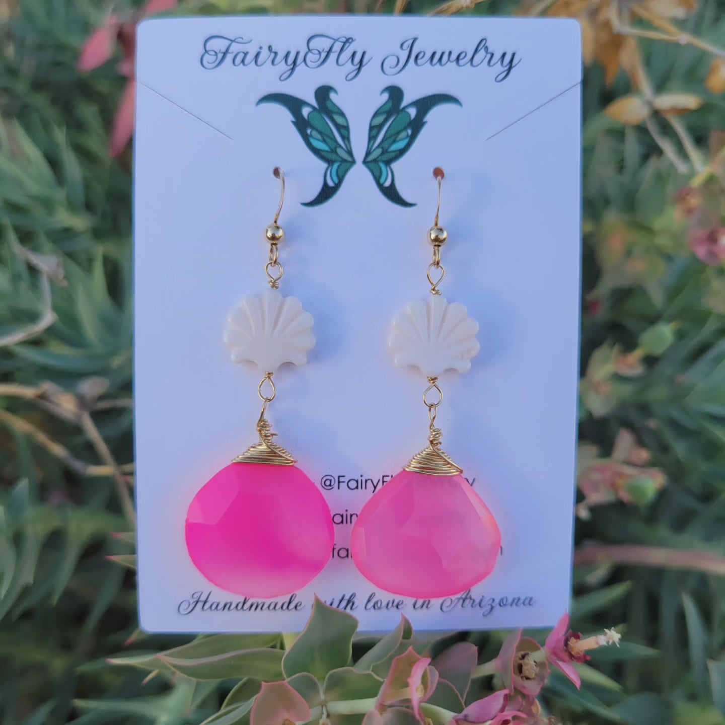 14k Gold-Filled Clam Shell & Pink Chalcedony Earrings