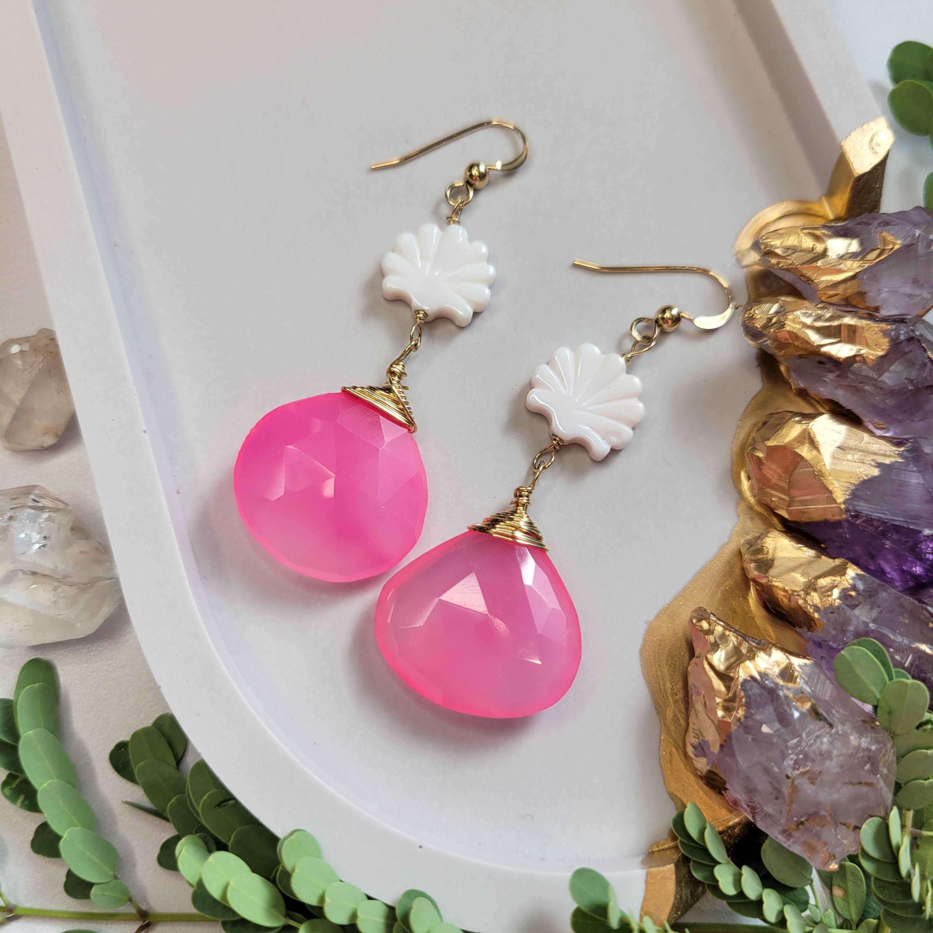 14k Gold-Filled Clam Shell & Pink Chalcedony Earrings