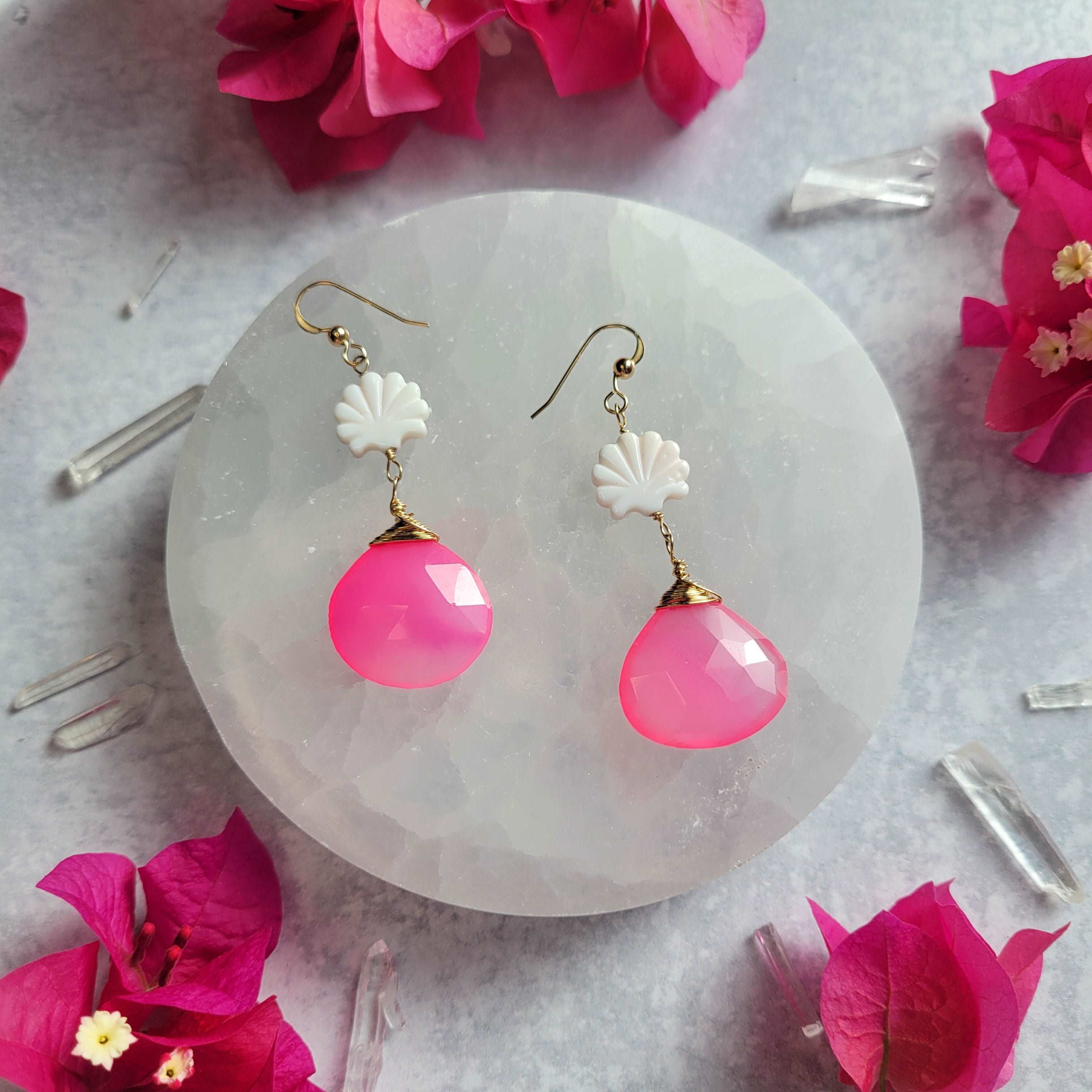 14k Gold-Filled Clam Shell & Pink Chalcedony Earrings
