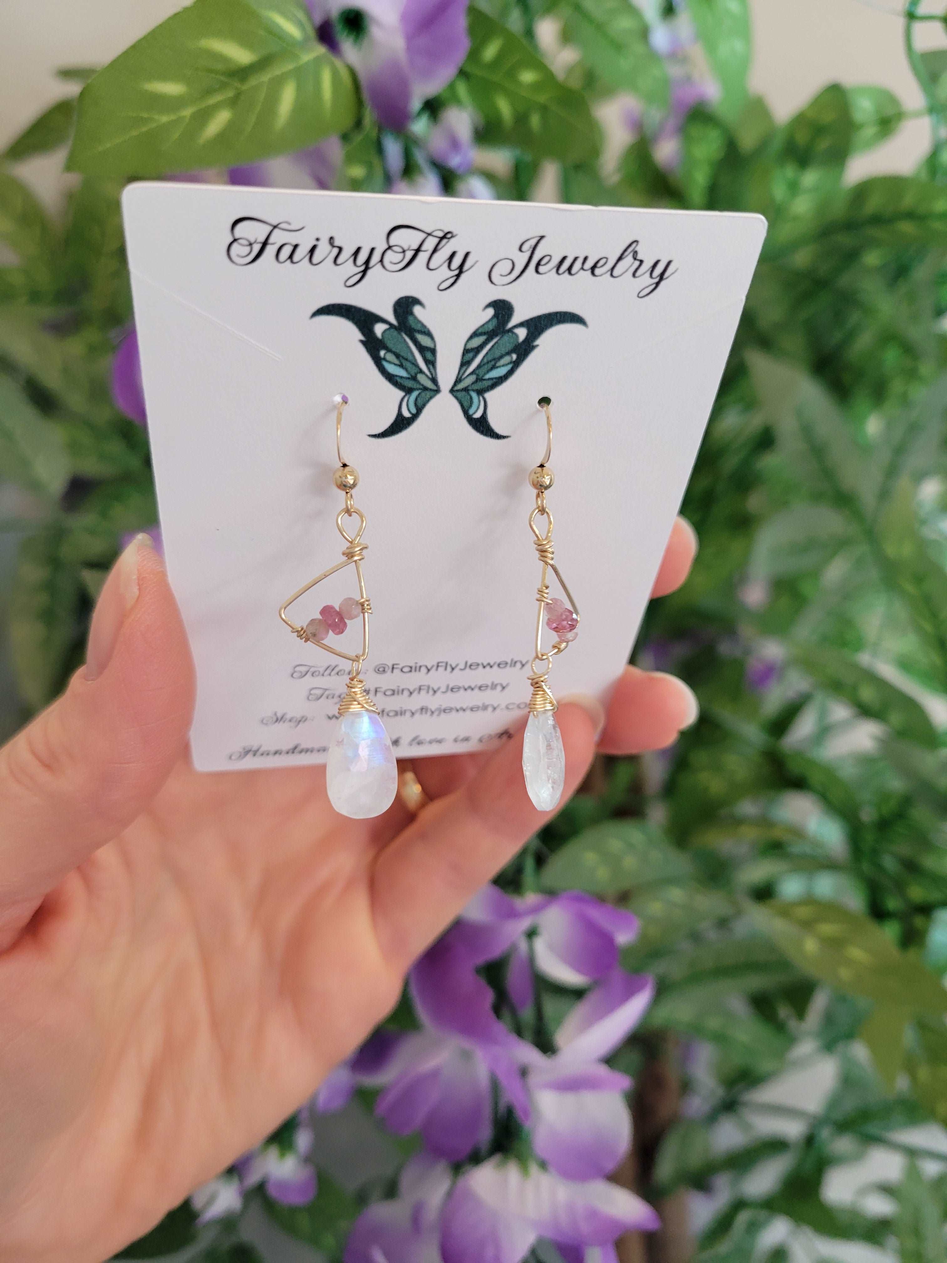 Handcrafted Hammered 14k Gold-Filled, Shaded Pink Tourmaline, & Rainbow Moonstone Earrings