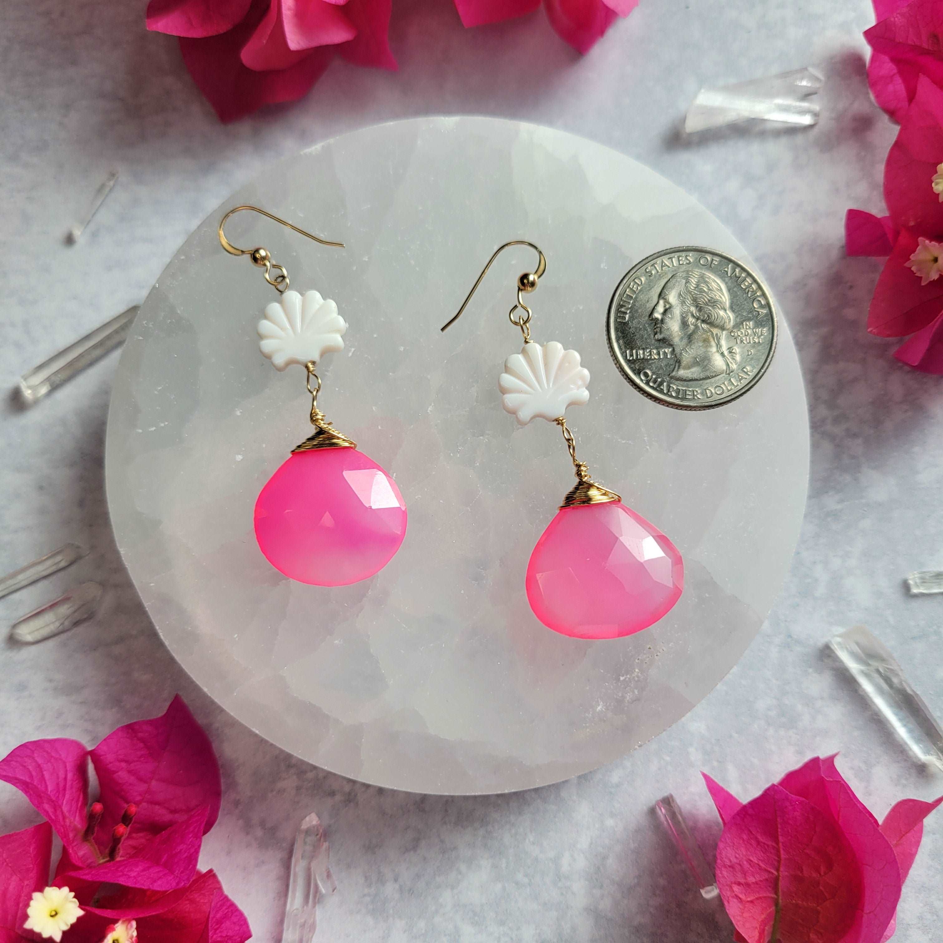 14k Gold-Filled Clam Shell & Pink Chalcedony Earrings