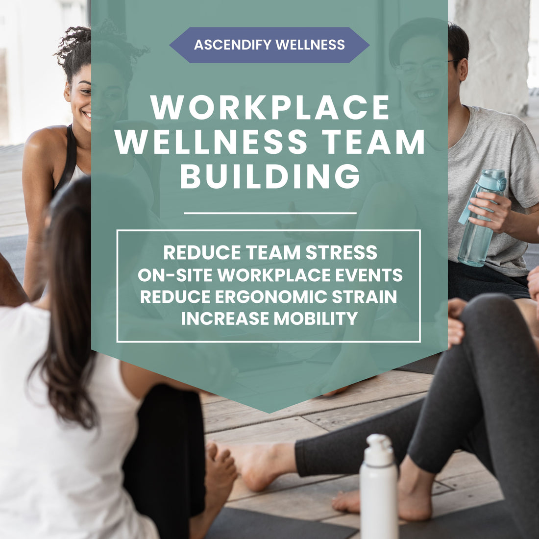 Group of people participating in a yoga workplace mobility and stretching team-building class with Ascendify Wellness experience benefits text overlay.