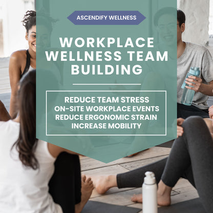 Group of people participating in a yoga workplace mobility and stretching team-building class with Ascendify Wellness experience benefits text overlay.