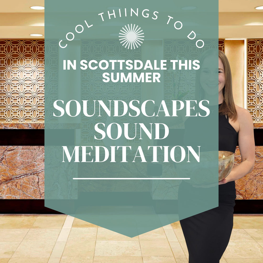 Ascendify Wellness founder, Liz, holding a singing blow with a sign about soundscapes and sound meditation in Scottsdale, Arizona.