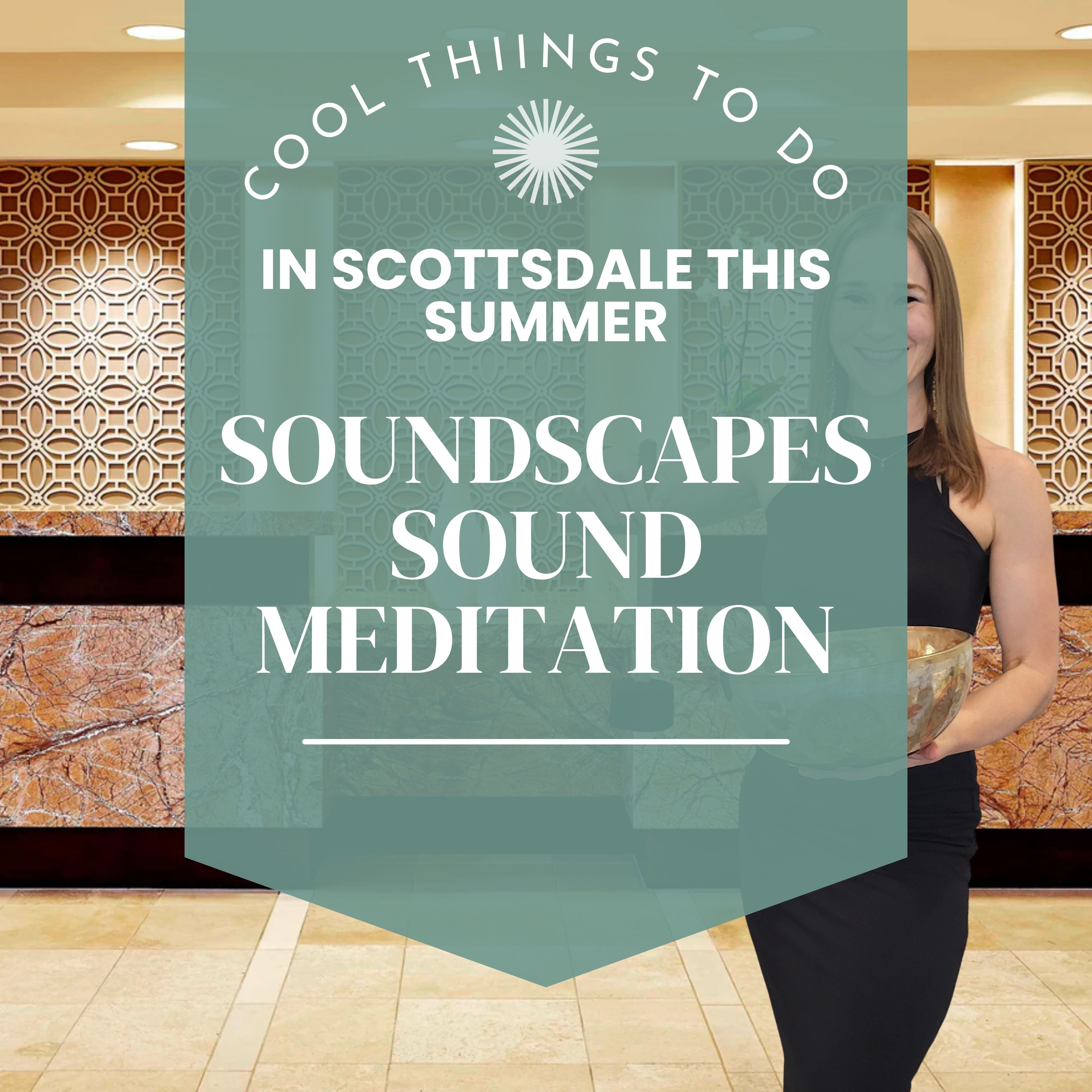 Ascendify Wellness founder, Liz, holding a singing blow with a sign about soundscapes and sound meditation in Scottsdale, Arizona.