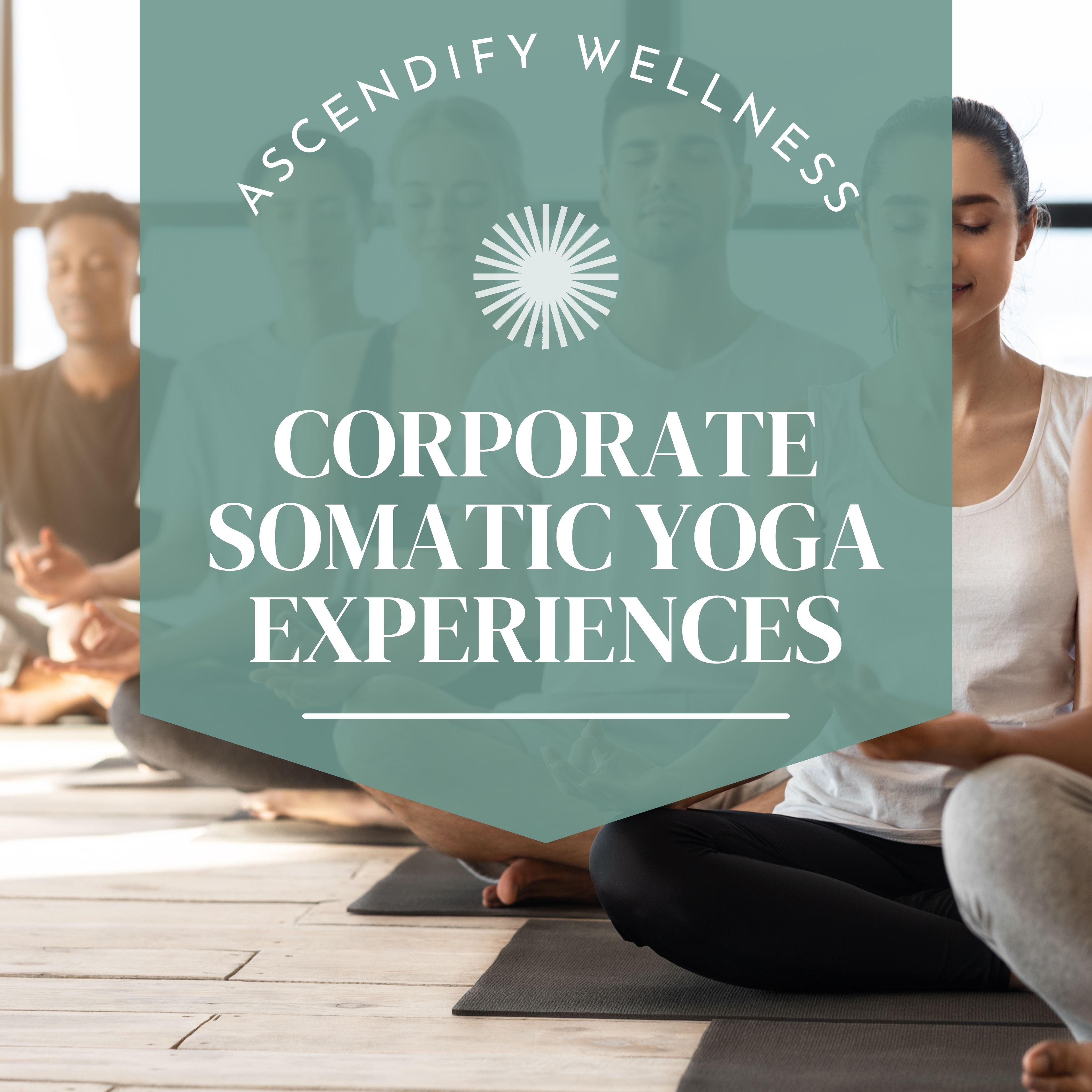Group of professionals practicing somatic yoga with Ascendify Wellness in their brightly lit office lobby.