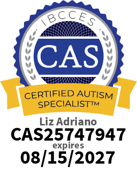 Liz Adriano's IBCCES Certified Autism Specialist badge with name and expiration date