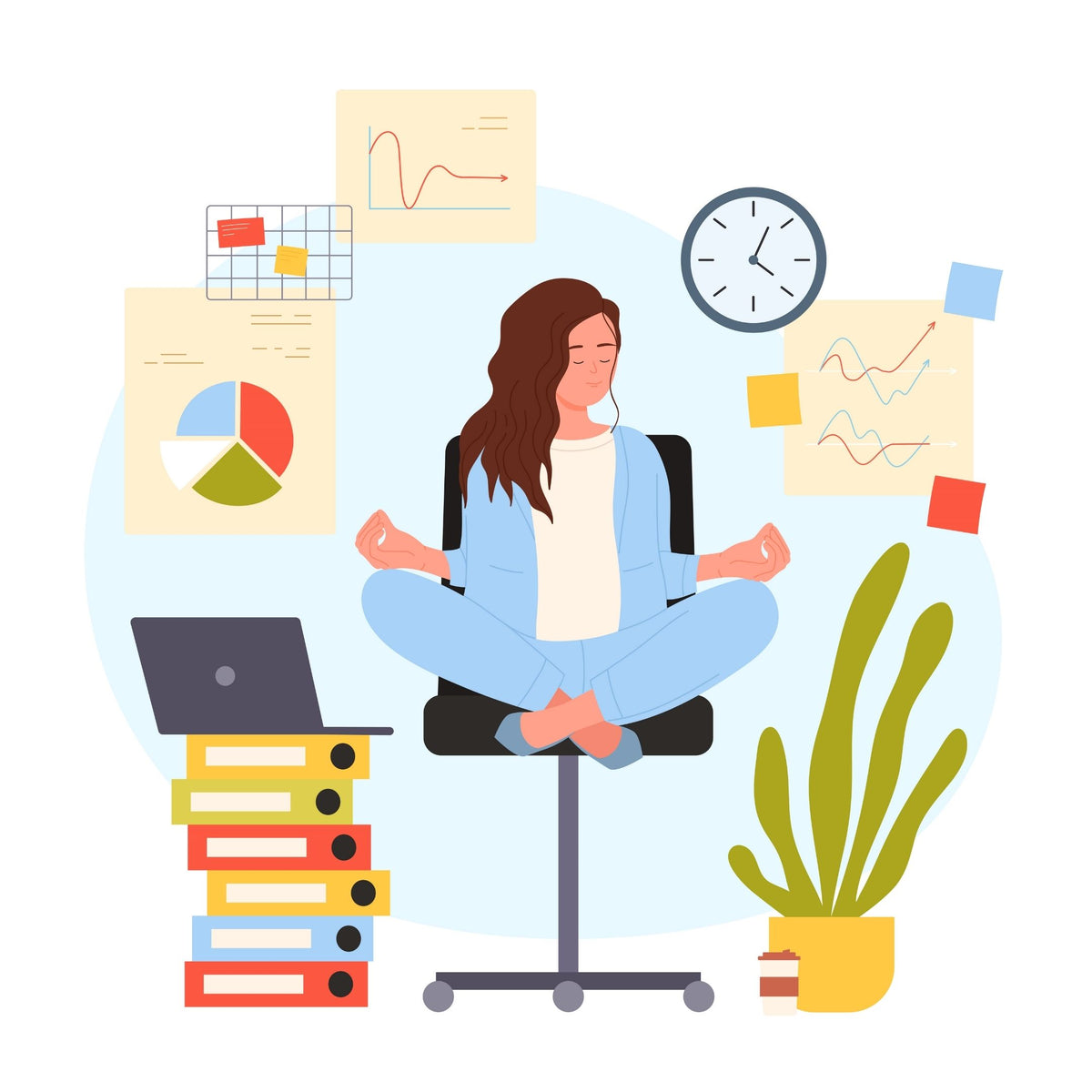 Graphic of woman sitting on chair with busy task icons around her as she meditates and seeks work-life balance.